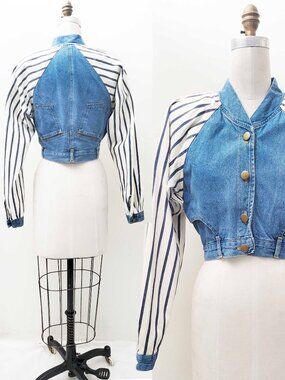 Vintage 80s Tickets California Women's Cropped Denim Striped Sleeves Cotton USA